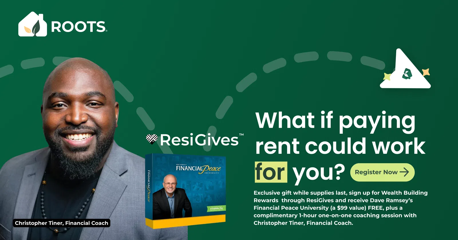 Smiling financial coach promotes rent rewards through ResiGives and Financial Peace University offer.