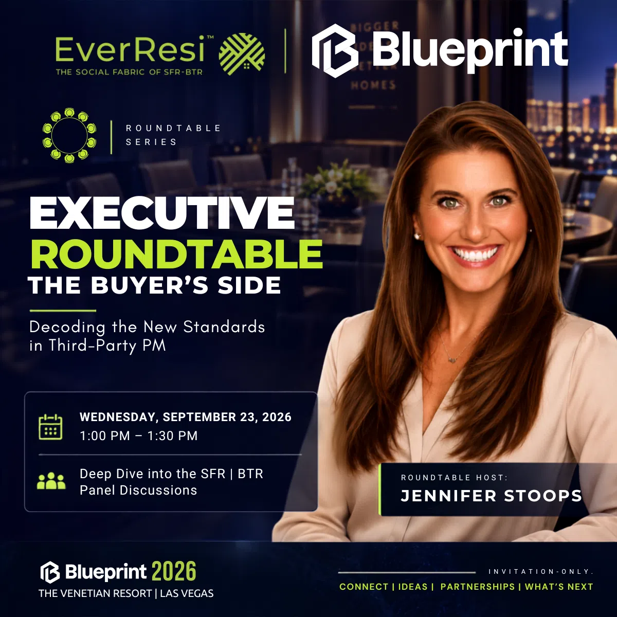 Executive roundtable event promo with Jennifer Stoops on buyer's side in third-party property management, Las Vegas 2026.