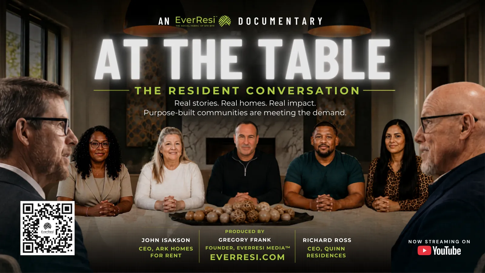 Diverse group engaged in a documentary discussion titled At the Table about resident communities and housing.