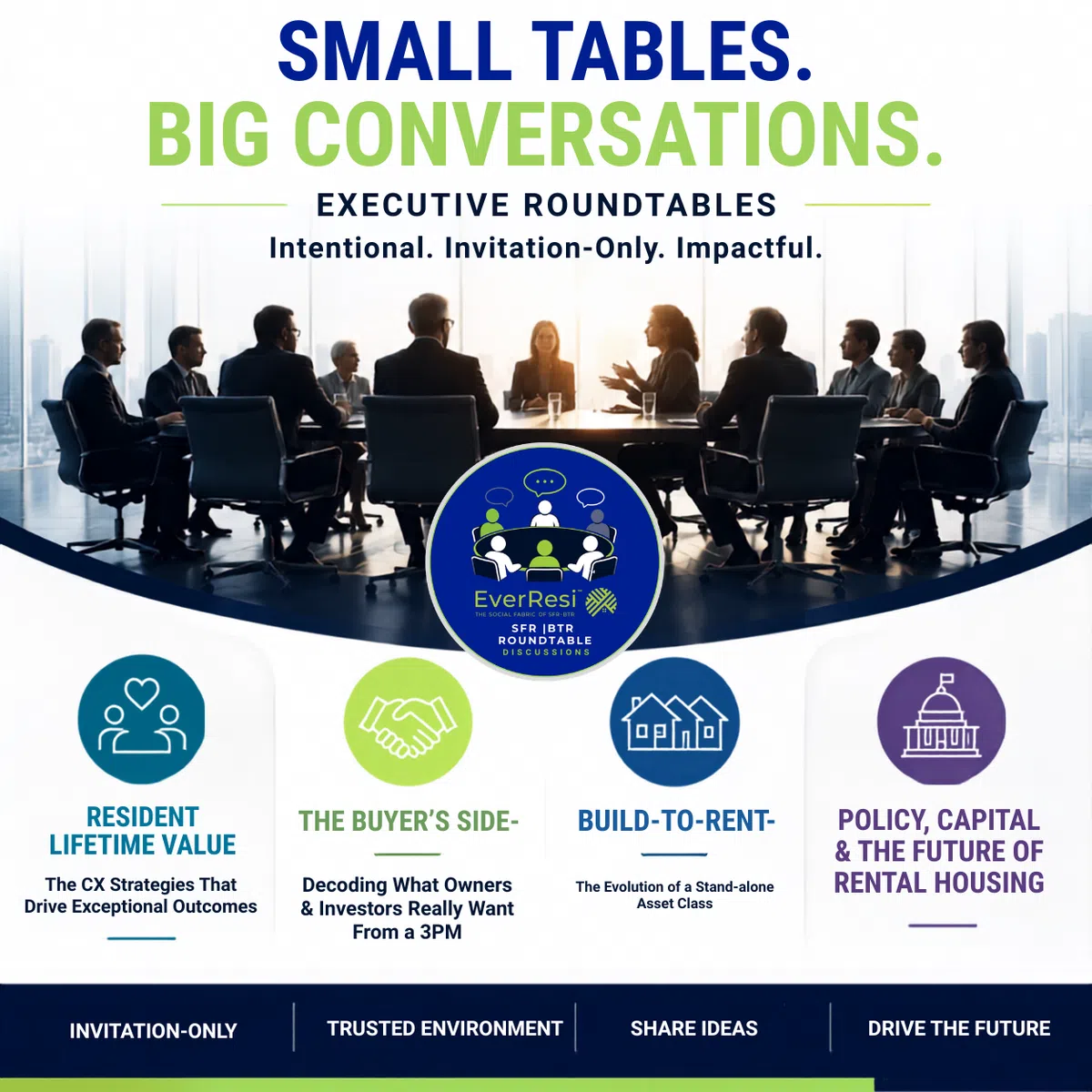 Executive roundtable discussion with professionals in modern office, highlighting small tables big conversations theme.