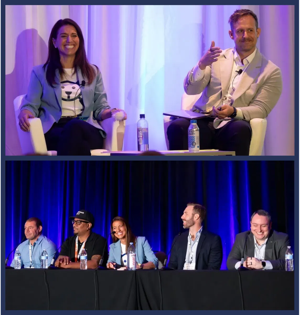 Two speakers on stage and six panelists seated at a conference table during a business event discussion.
