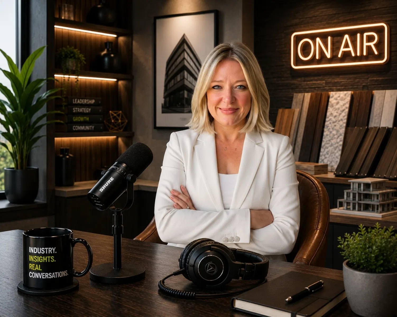 Professional woman hosting a podcast in a modern studio with microphone, headphones, and 'ON AIR' sign behind her.