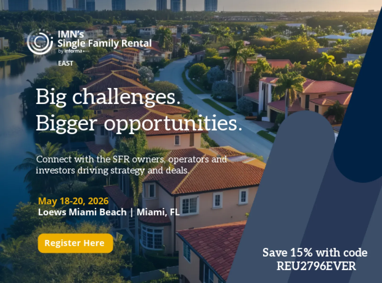 Aerial view of a residential neighborhood with single-family homes promoting IMN's Single Family Rental East conference in Miami Beach.