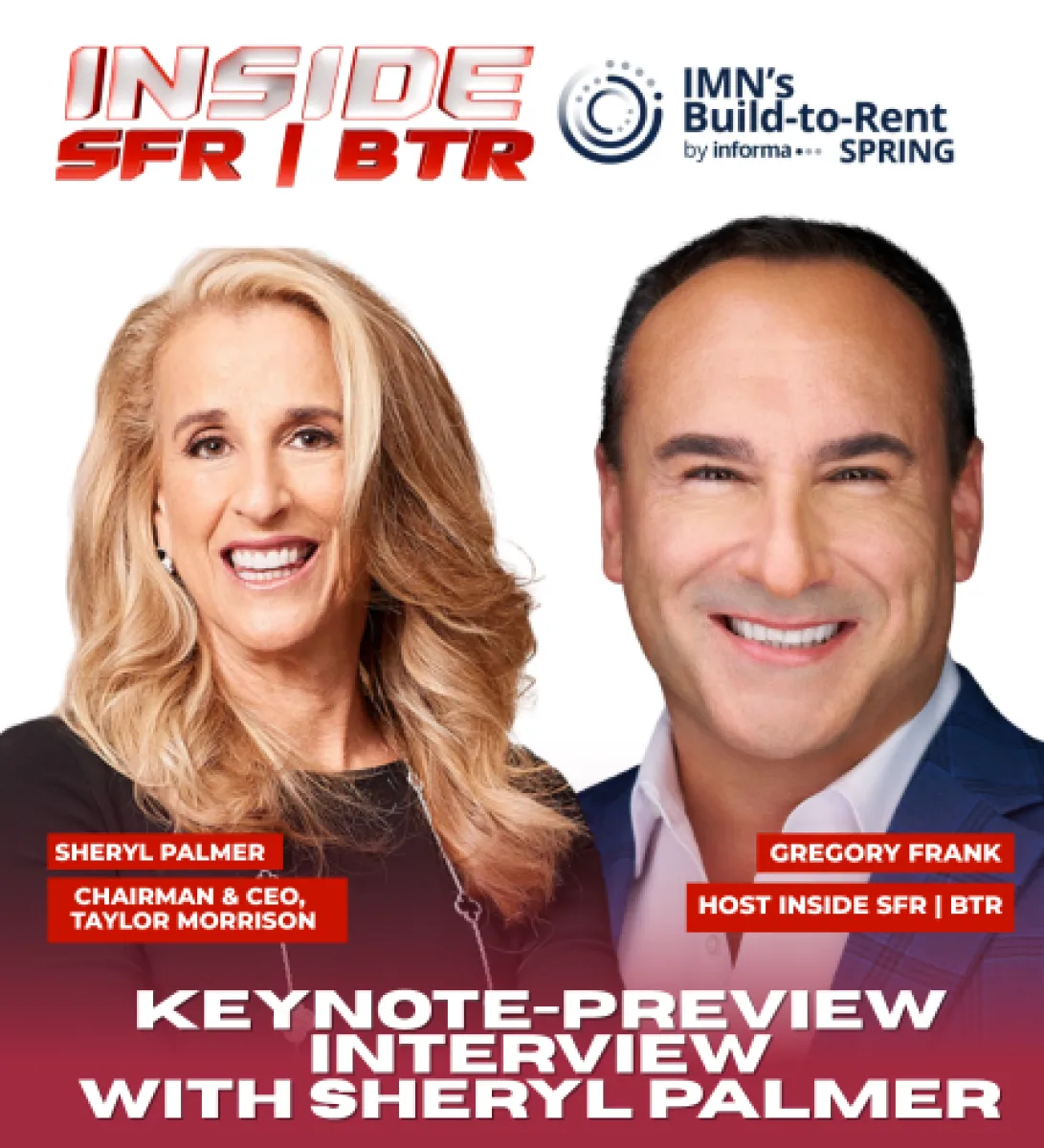 Host Gregory Frank and Sheryl Palmer, CEO of Taylor Morrison, pose for a keynote-preview interview image.