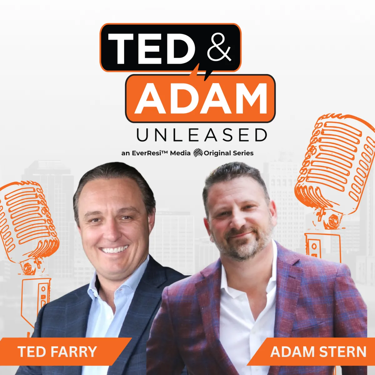 Portraits of Ted Farry and Adam Stern with podcast title Ted & Adam Unleased and vintage microphone illustrations