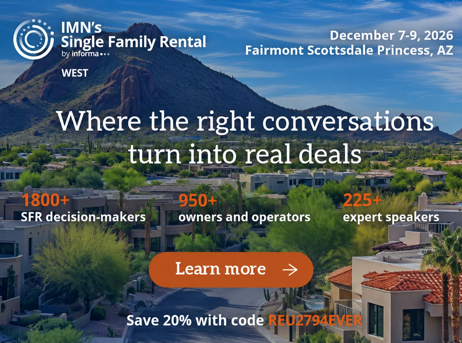Residential neighborhood with desert landscape and mountains promoting IMN's Single Family Rental conference in Scottsdale Arizona.