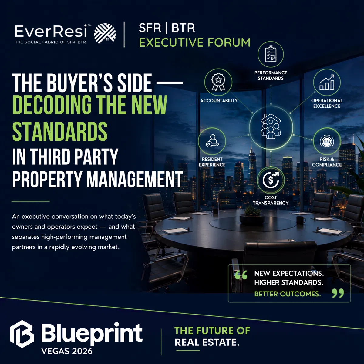 Executive forum discussing new standards in third party property management with a city skyline conference room background.