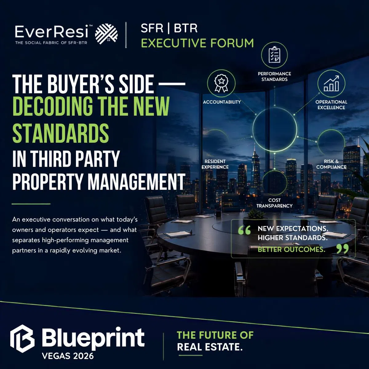 Executive forum on new standards in third party property management with city skyline background and meeting room.