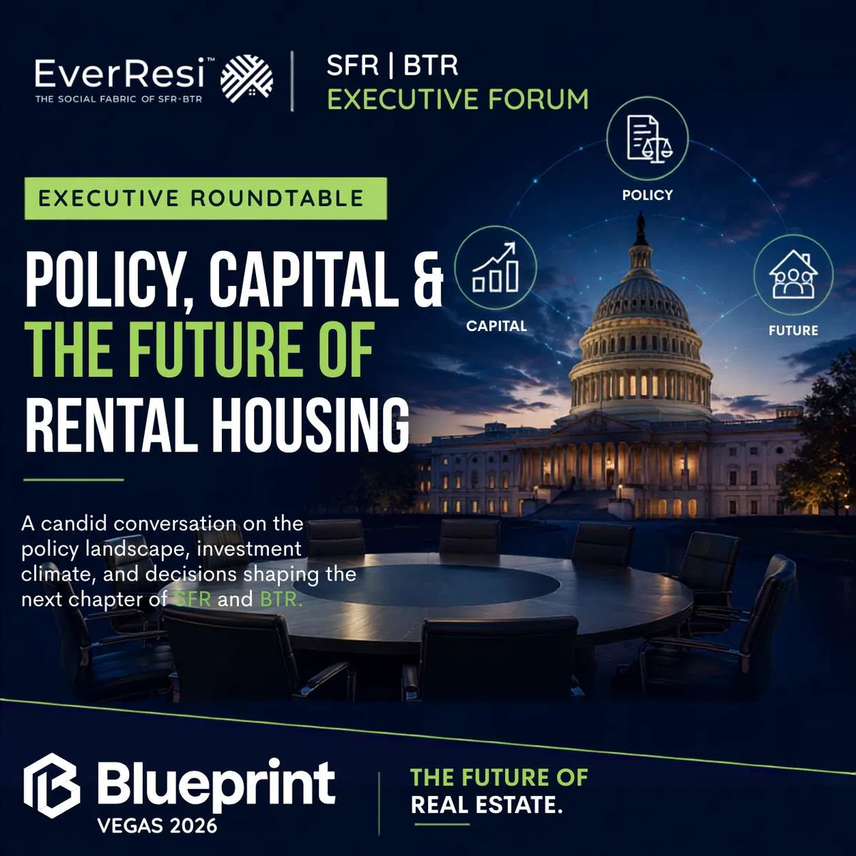 Executive roundtable on policy, capital, and the future of rental housing with Capitol building backdrop at night.