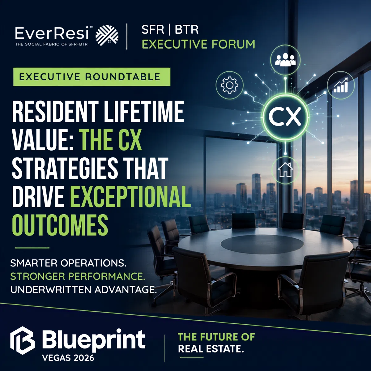 Conference room with city view for EverResi Executive Forum on CX strategies driving exceptional resident outcomes.