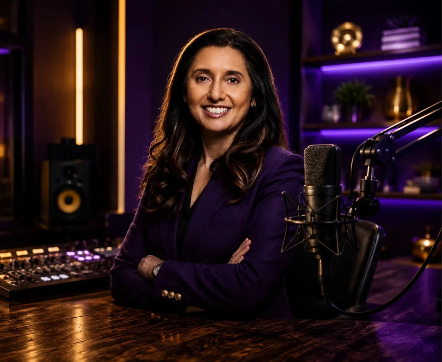 Professional woman in purple blazer smiling in a podcast studio with microphone and sound equipment.