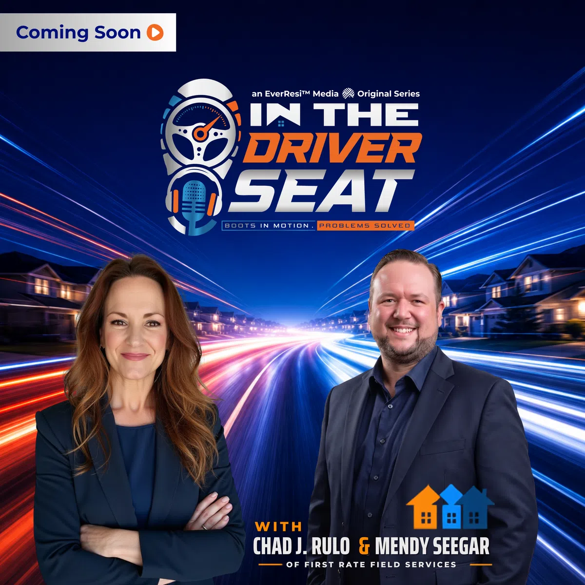 Hosts Chad J. Rulo and Mendy Seegar in promotional image for In The Driver Seat original series with dynamic light trails.