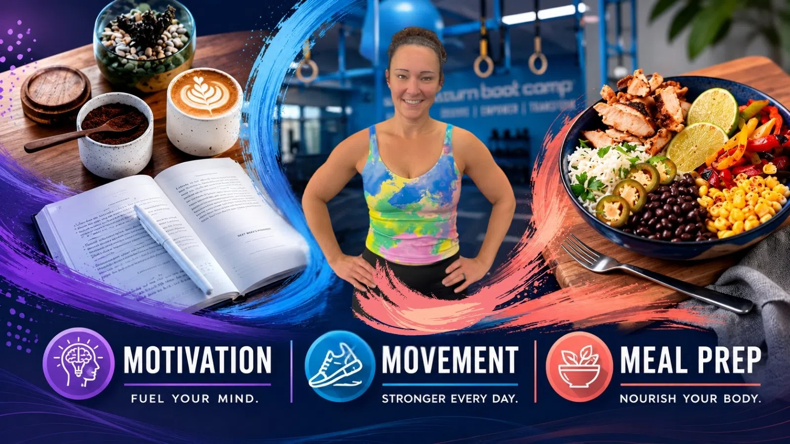 Woman in workout gear with coffee, book, and healthy meal bowl highlighting motivation, movement, and meal prep concepts.