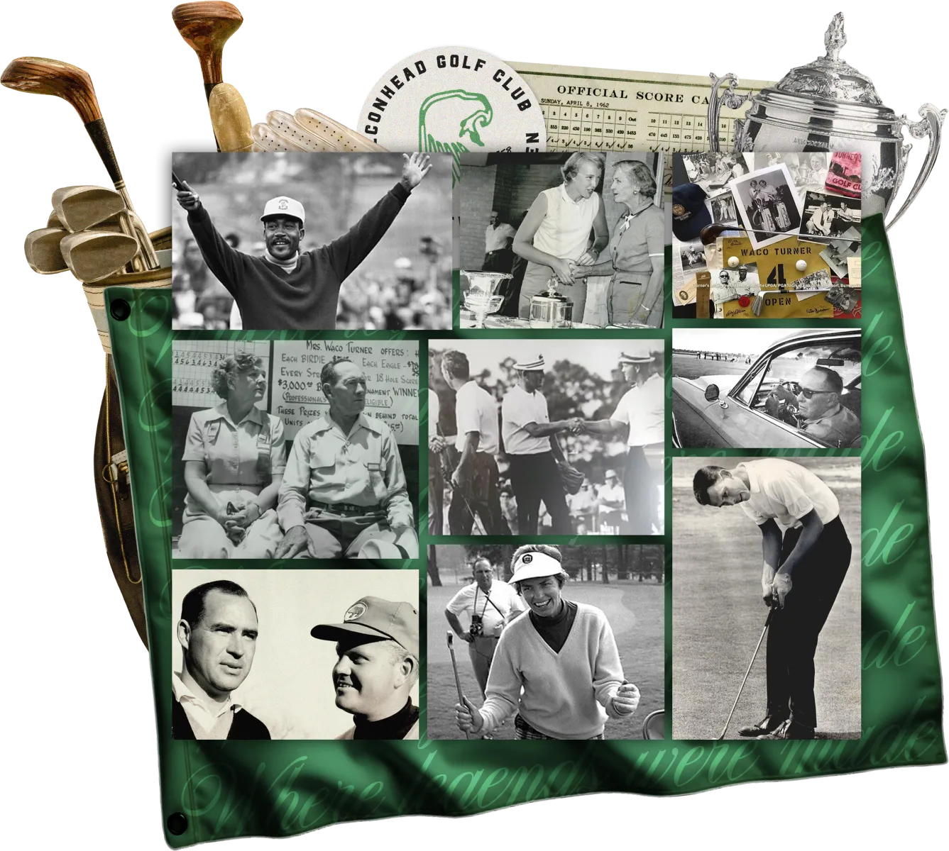 Collage of vintage black and white golf photos, trophies, clubs, and memorabilia celebrating golf history.
