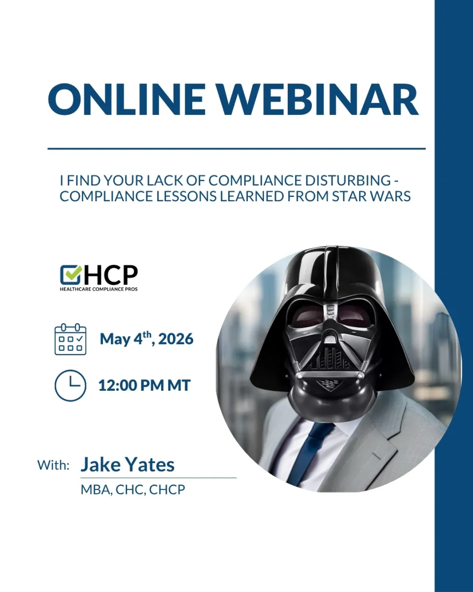 Online webinar announcement featuring a professional in a Darth Vader mask discussing compliance lessons from Star Wars.
