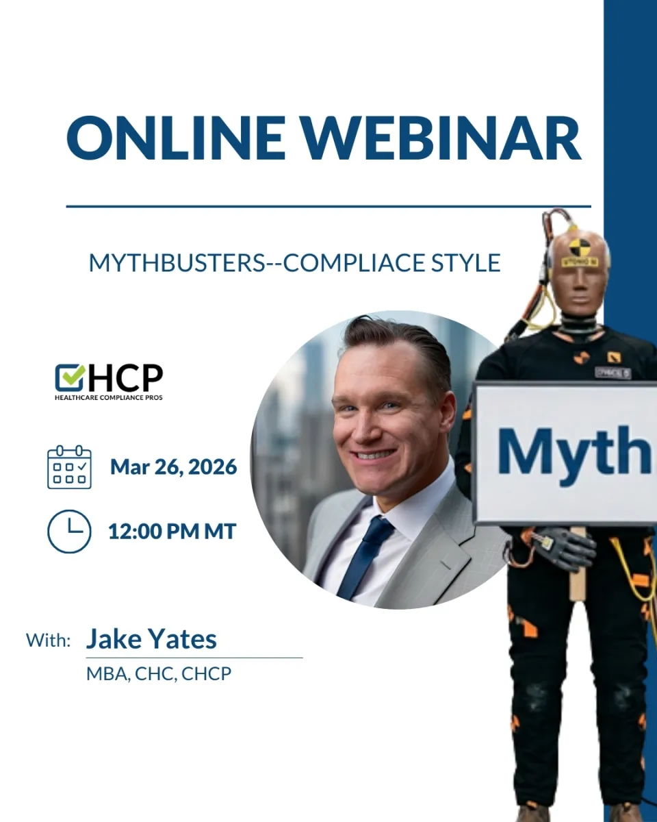 Online webinar on compliance myths with Jake Yates scheduled for March 26, 2026, at 12 PM MT by HCP.