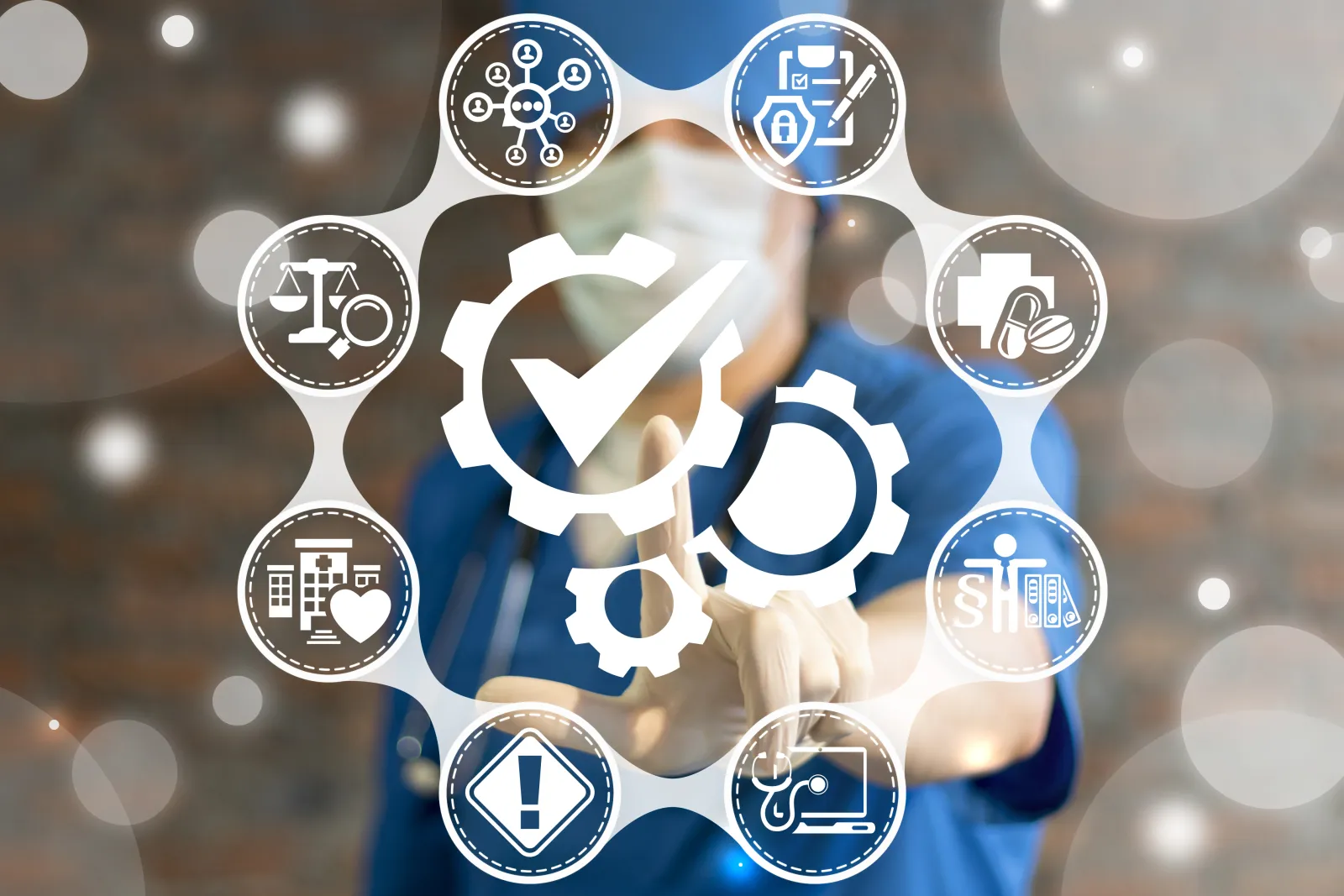 Healthcare professional interacting with digital icons representing medical processes and quality assurance.