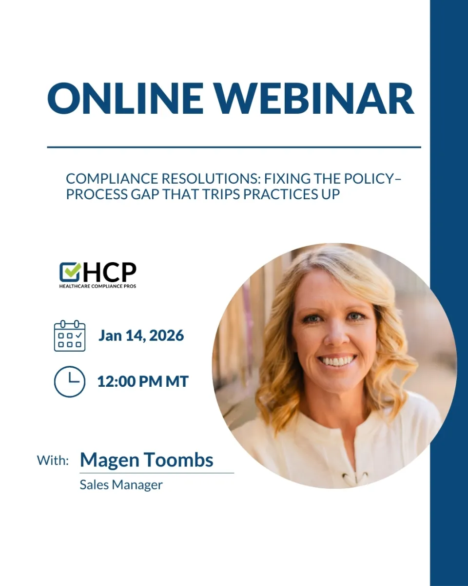 Online webinar announcement for compliance resolutions with Sales Manager Magen Toombs on January 14, 2026 at 12 PM MT.