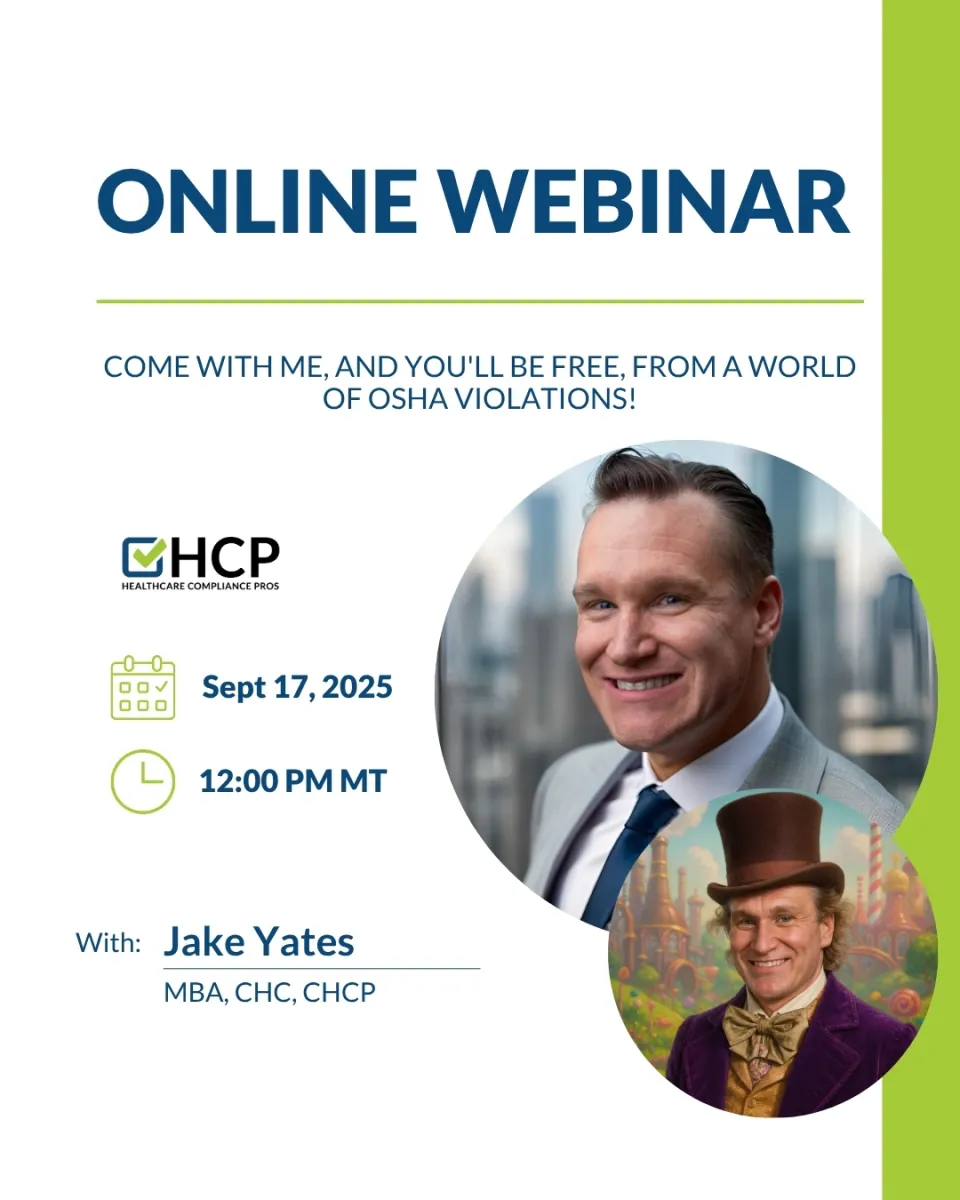 Online webinar announcement for OSHA compliance with Jake Yates on Sept 17, 2025 at 12 PM MT.