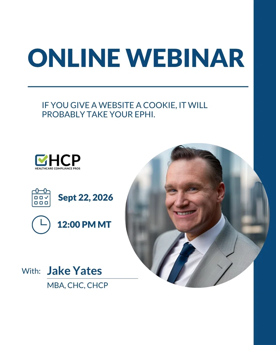 Online webinar announcement with Jake Yates about website cookies and EPHI, scheduled for Sept 22, 2026, 12 PM MT.