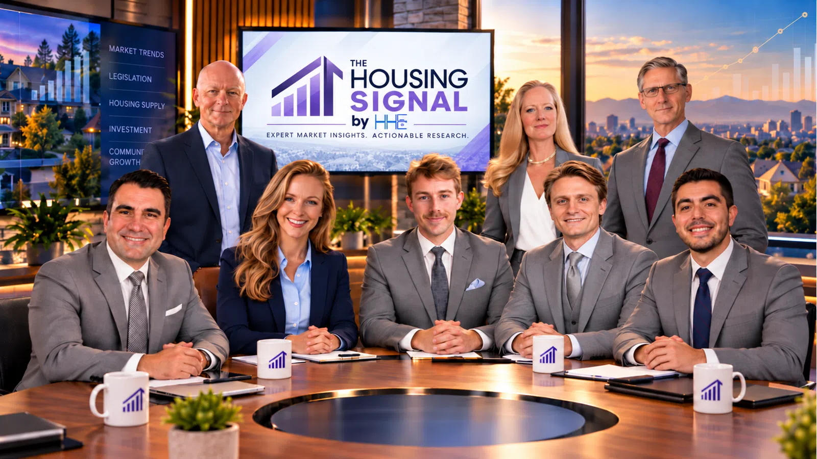 Professional real estate experts seated around a conference table with a screen displaying The Housing Signal logo.