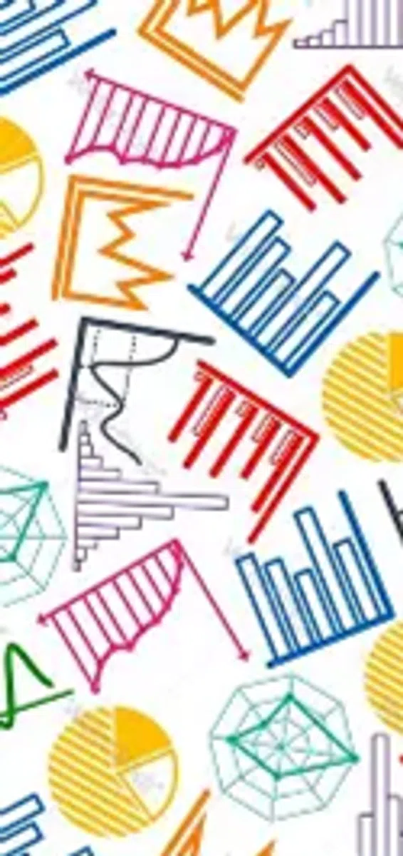 Colorful hand-drawn graphs and charts including line, bar, pie, and spider web designs on white background