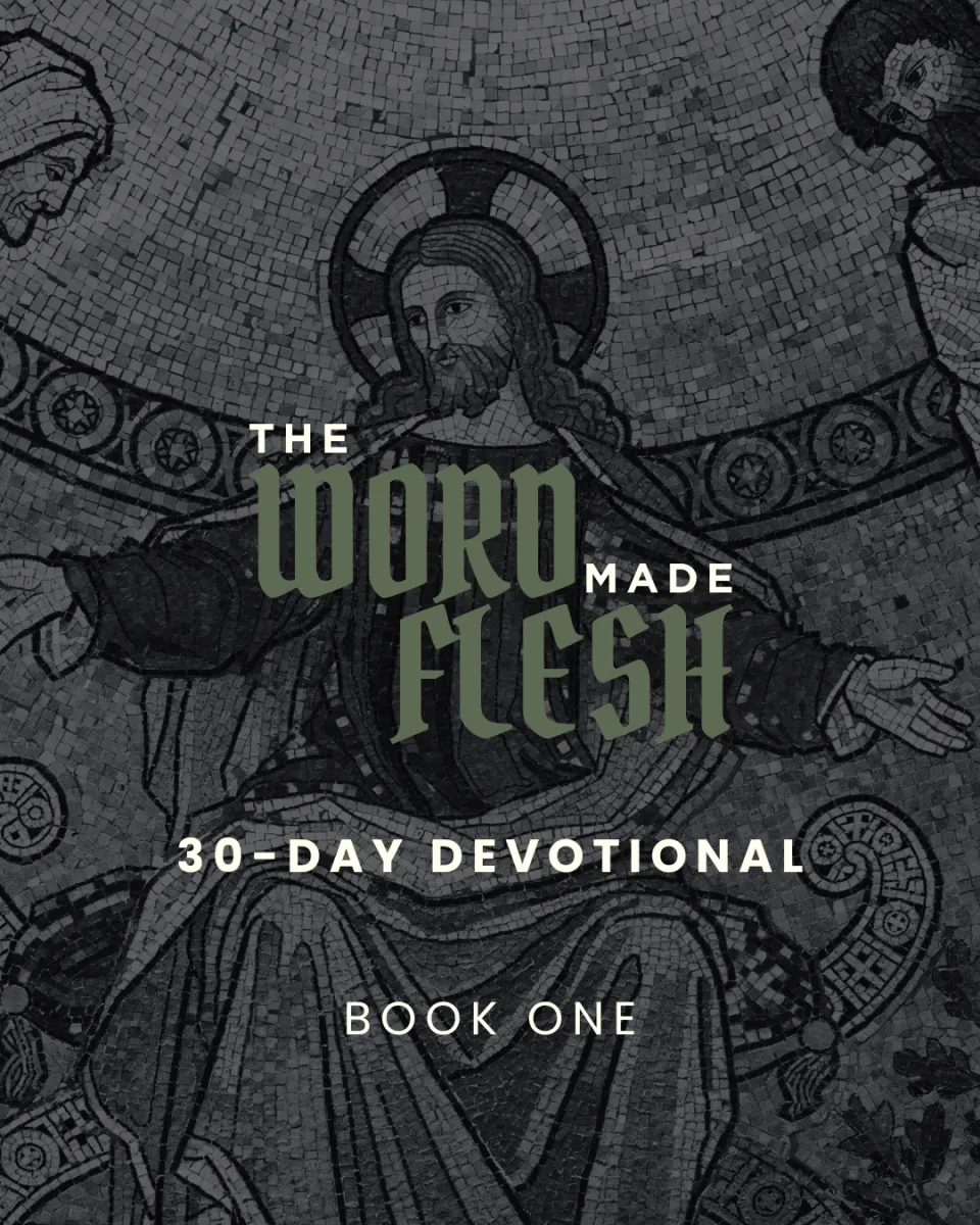 Mosaic artwork of Jesus with text The Word Made Flesh 30-Day Devotional Book One overlaid.
