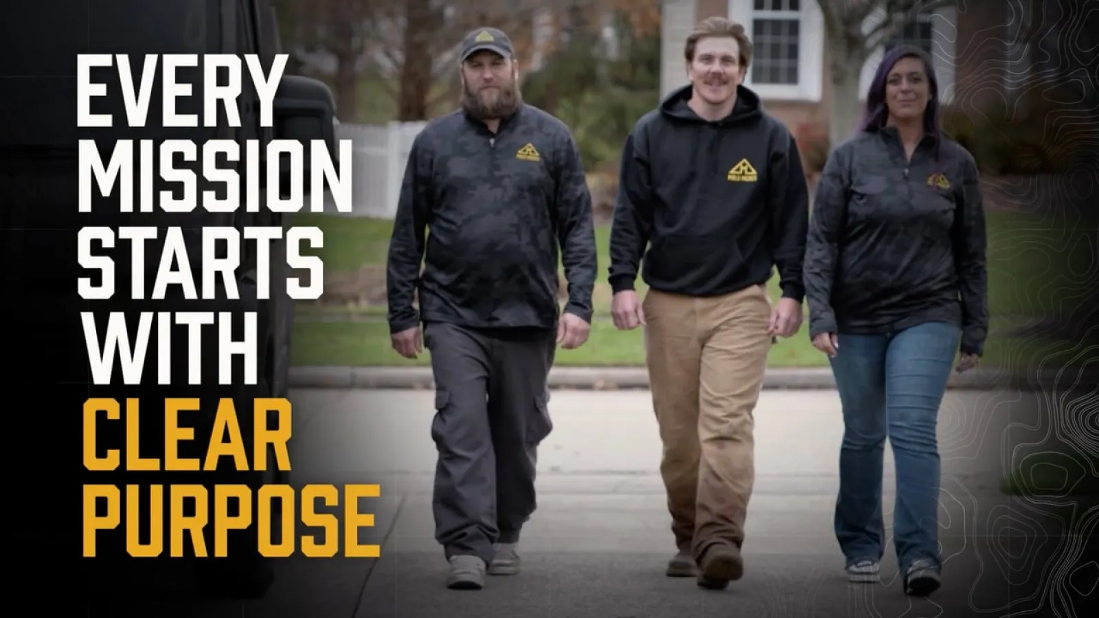 Three people walking confidently outdoors with text Every mission starts with clear purpose in bold.
