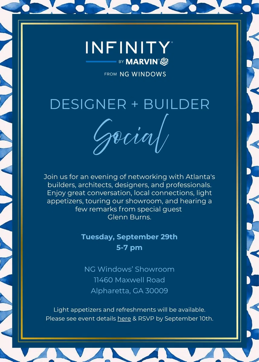 Invitation for Infinity by Marvin's Designer + Builder Social networking event in Alpharetta with appetizers and special guest.