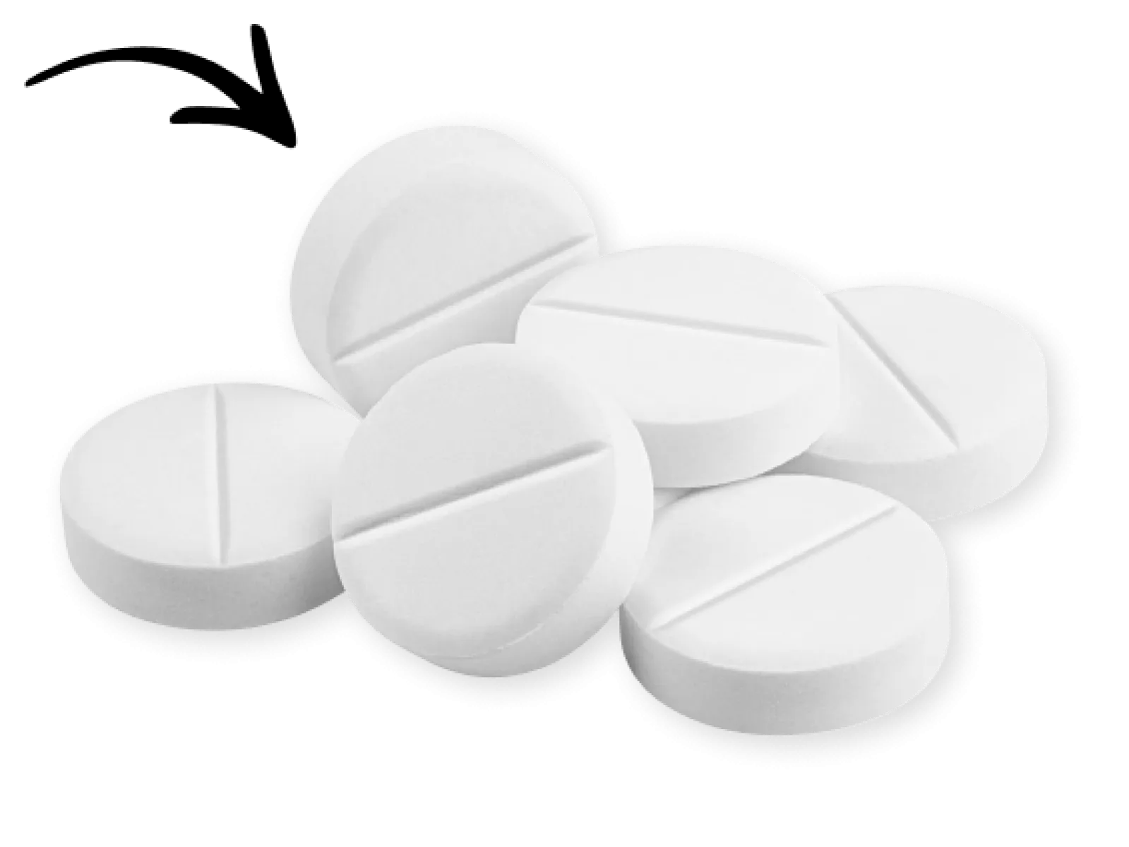 Close-up of six round white tablets with a scored line on a black background, arranged in a scattered pile.