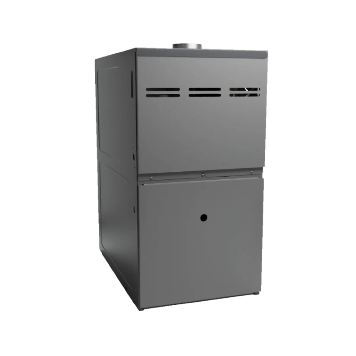 Gray metal furnace or heating unit with vent slots and pipe connection on top viewed from an angle.