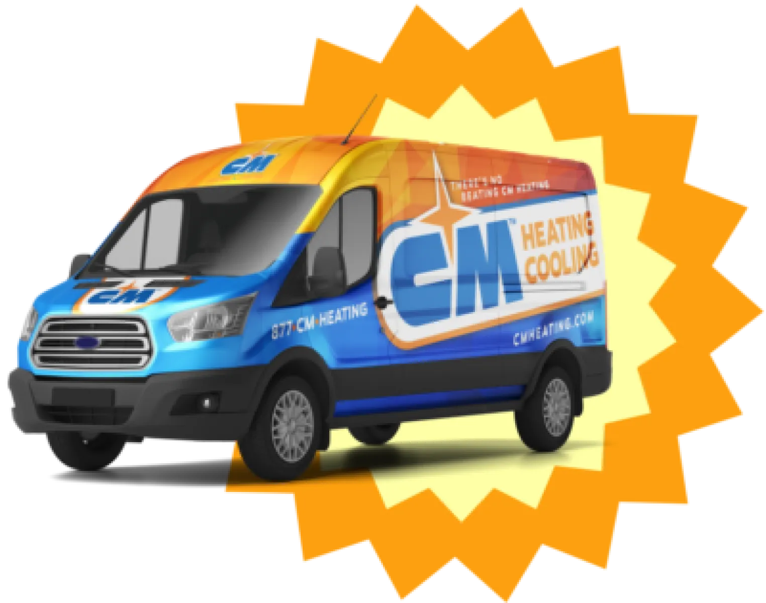 Blue and orange CM Heating Cooling service van with company logo and contact information against a bright starburst background
