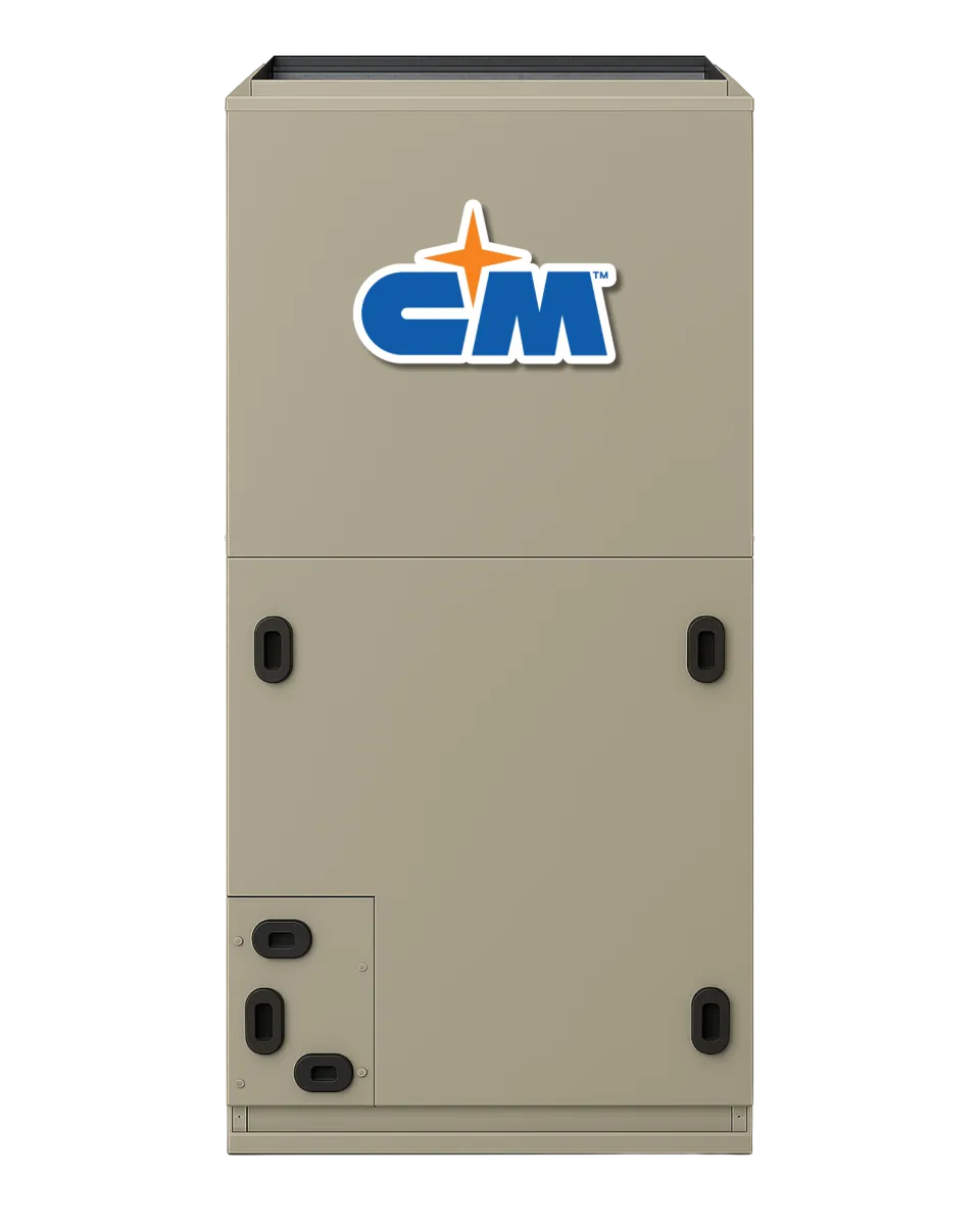 CM brand beige HVAC air handler unit with logo on front panel in a vertical rectangular shape.