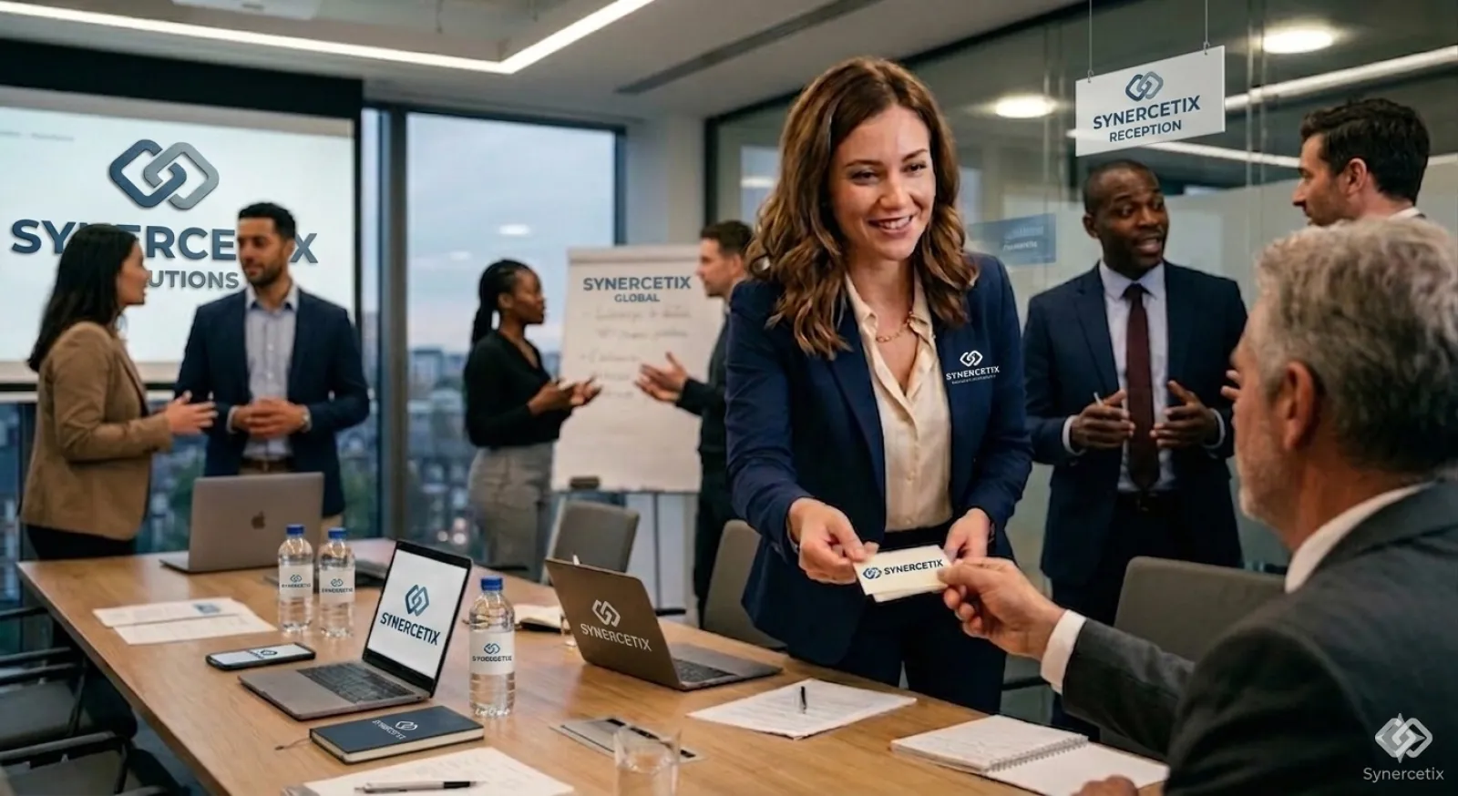 Business meeting with diverse professionals exchanging business cards in a modern office setting.
