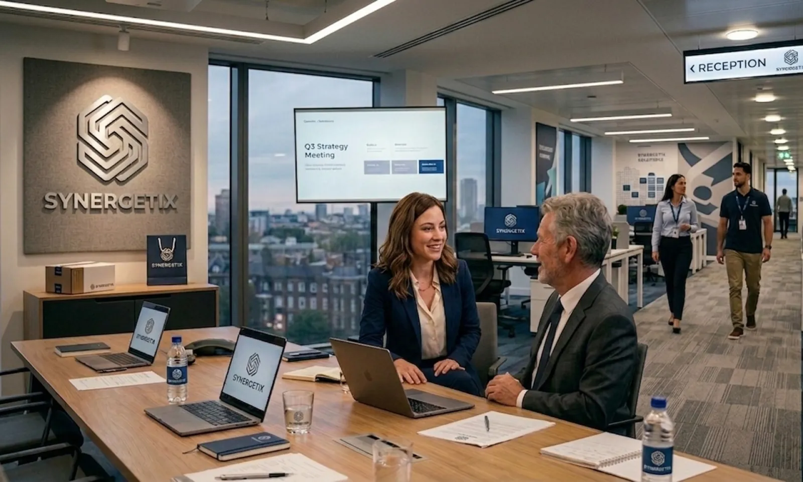 Two professionals discussing at a conference table in a modern office with Synergetix branding and city views.