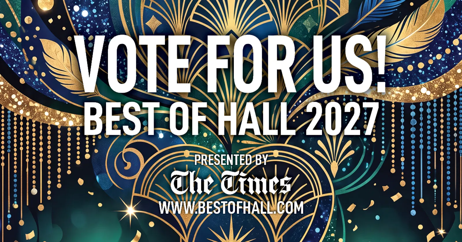 Vote for us Best of Hall 2027 announcement with elegant gold and blue decorative design and The Times logo.