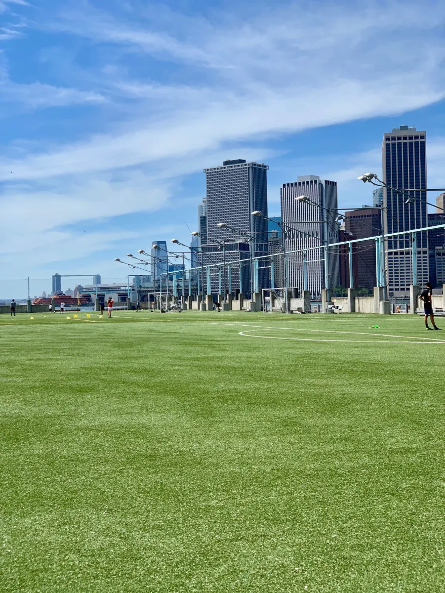 Green soccer field with city skyline and tall buildings under a blue sky with scattered clouds.