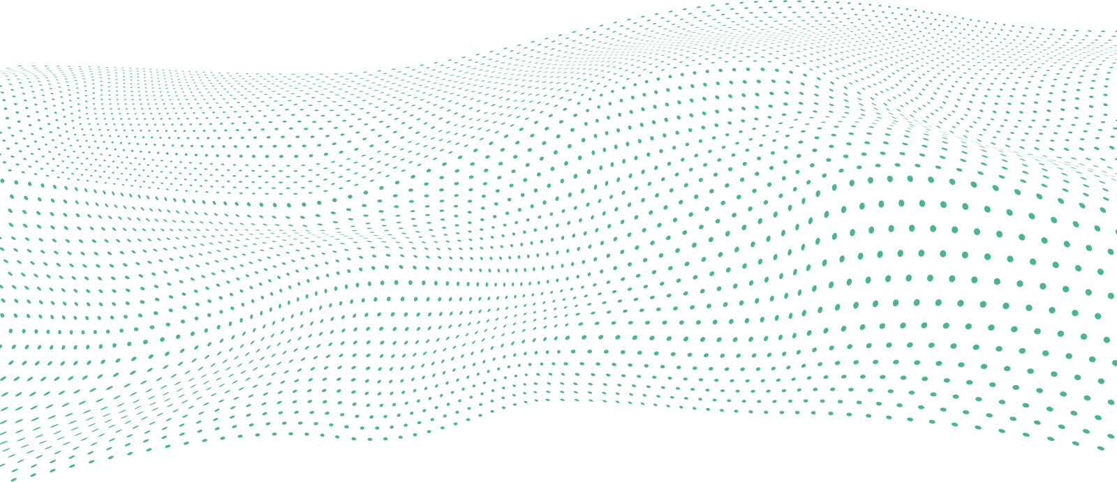 Abstract 3D wave of teal dots on black background creating a dynamic digital mesh pattern.