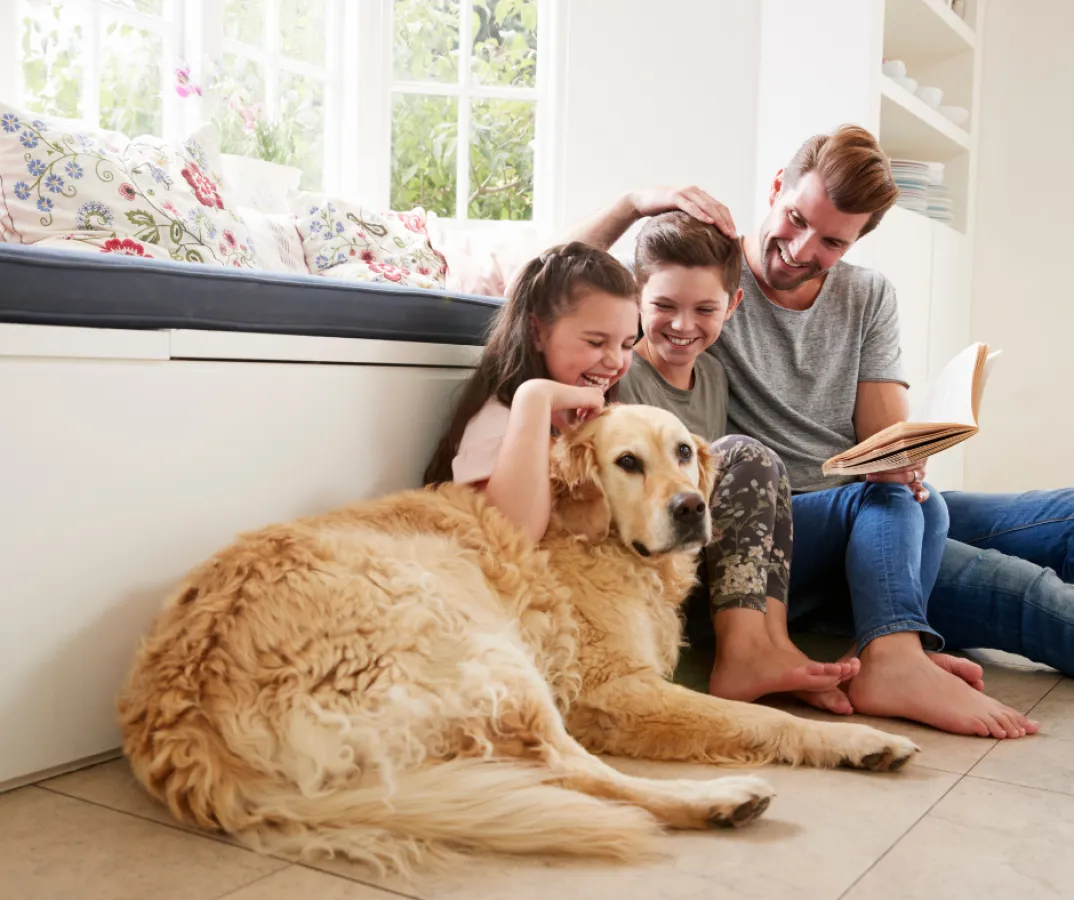 a group of people sitting on the floor with a dog