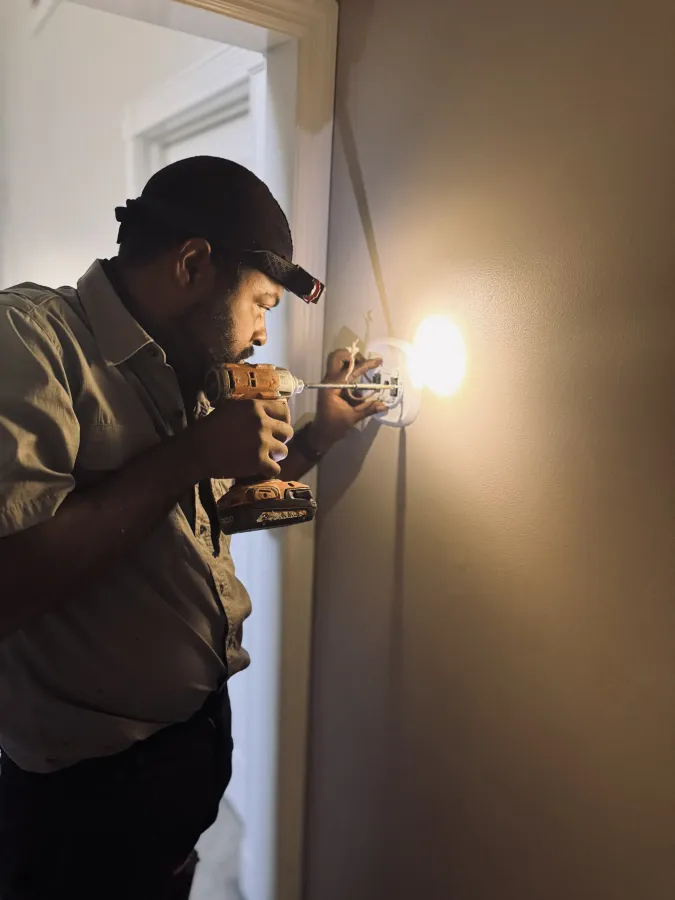 Electrician wearing headlamp installs AC wall outlet using a cordless drill in a hallway.
