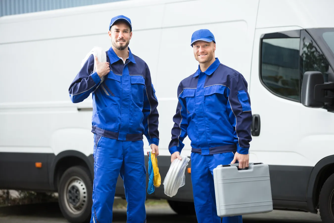 two men stand in front of a van