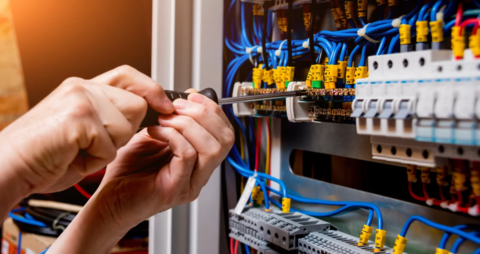 Technician using a screwdriver to repair electrical wiring in a control panel with vibrant blue cables.