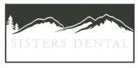 Sisters Dental logo featuring mountain silhouettes and pine trees with serif font text