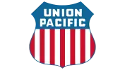 Union Pacific logo with blue top and red and white vertical stripes shield design