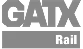 GATX Rail logo in gray with a transparent background showcasing bold typography and a rectangular block design.