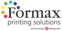 Formax printing solutions logo with colorful circular dots above the text and Safeguard branding.