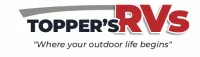 Topper's RVs logo with slogan Where your outdoor life begins, featuring bold red and black text and a gray swoosh.
