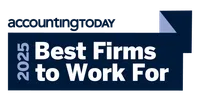 Accounting Today 2025 Best Firms to Work For award logo with bold text and dark blue background.
