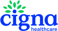 Cigna Healthcare logo featuring blue text and green leaf design above the letter i