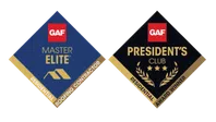 GAF Master Elite and President's Club Roofing Contractor award badges with gold and blue design elements.